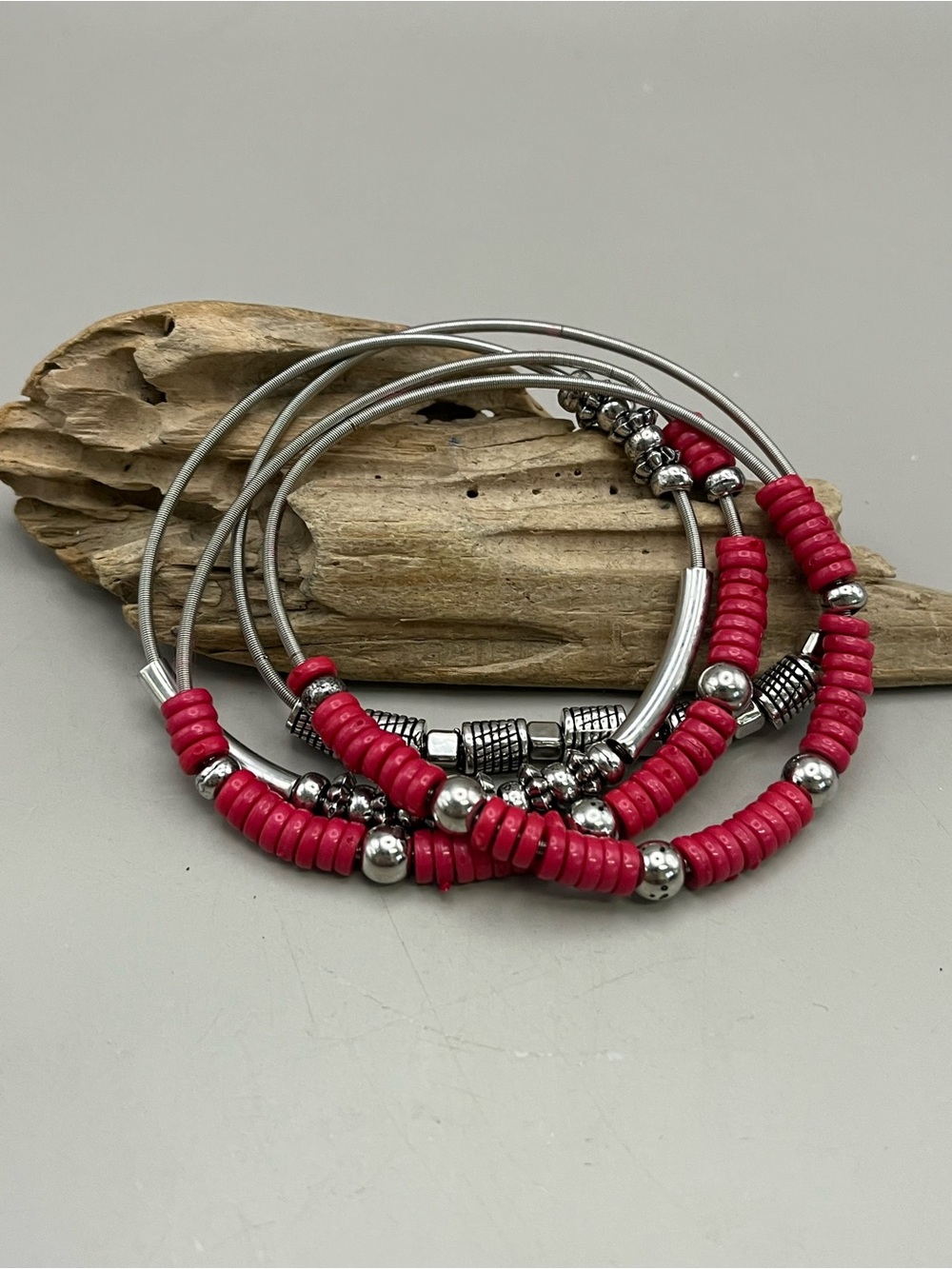 Hot Pink Heishi Beaded Guitar String Bracelet Set of 4 Silver Tone Boho Stack